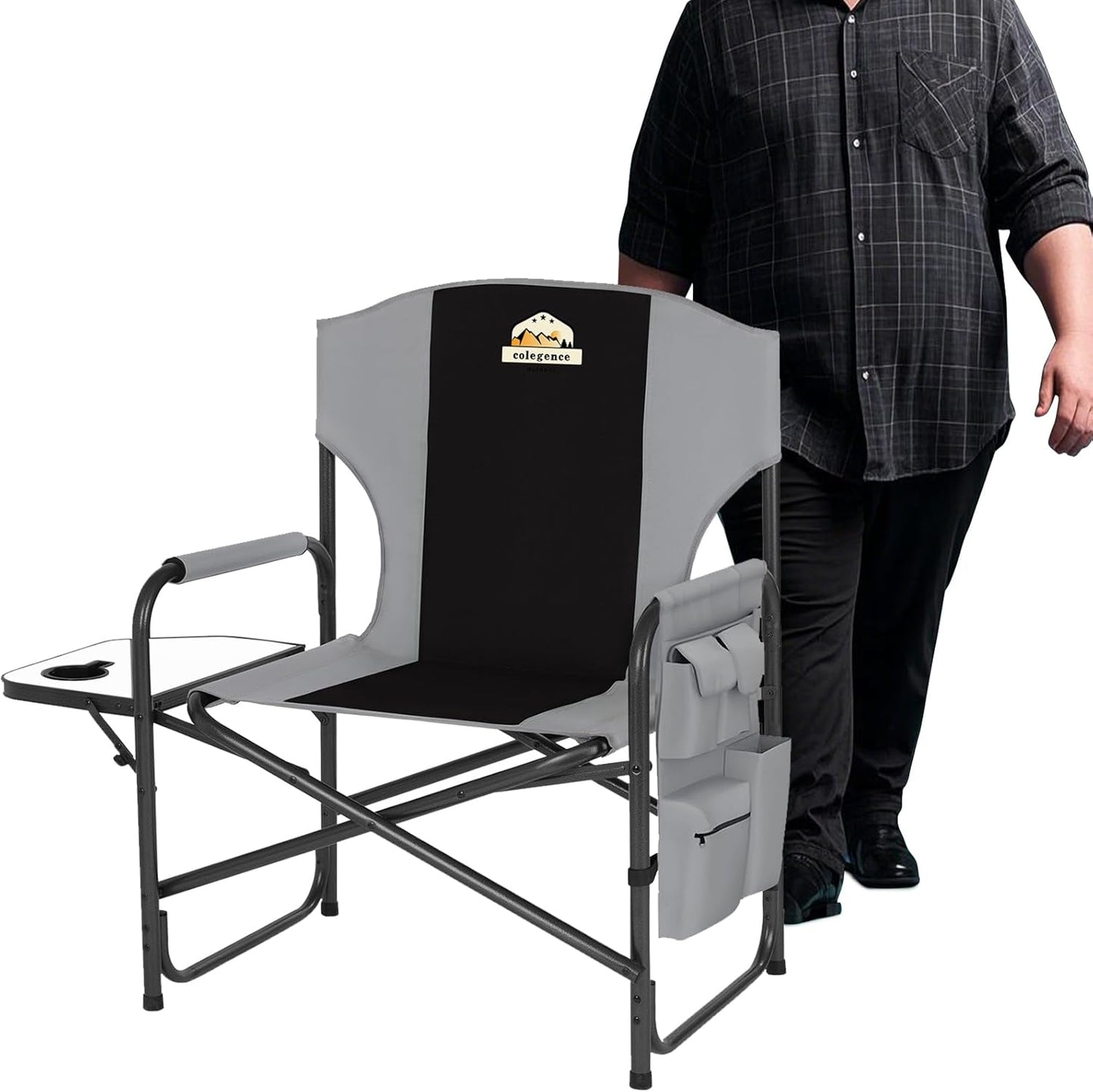 Oversized Directors Camping Chair Set of 2 Support 600 LBS, Heavy Duty Folding Outdoor Chairs with Detachable Side Pocket and Adjustable Side Table for Outside Beach,Lawn,Fishing (Black)