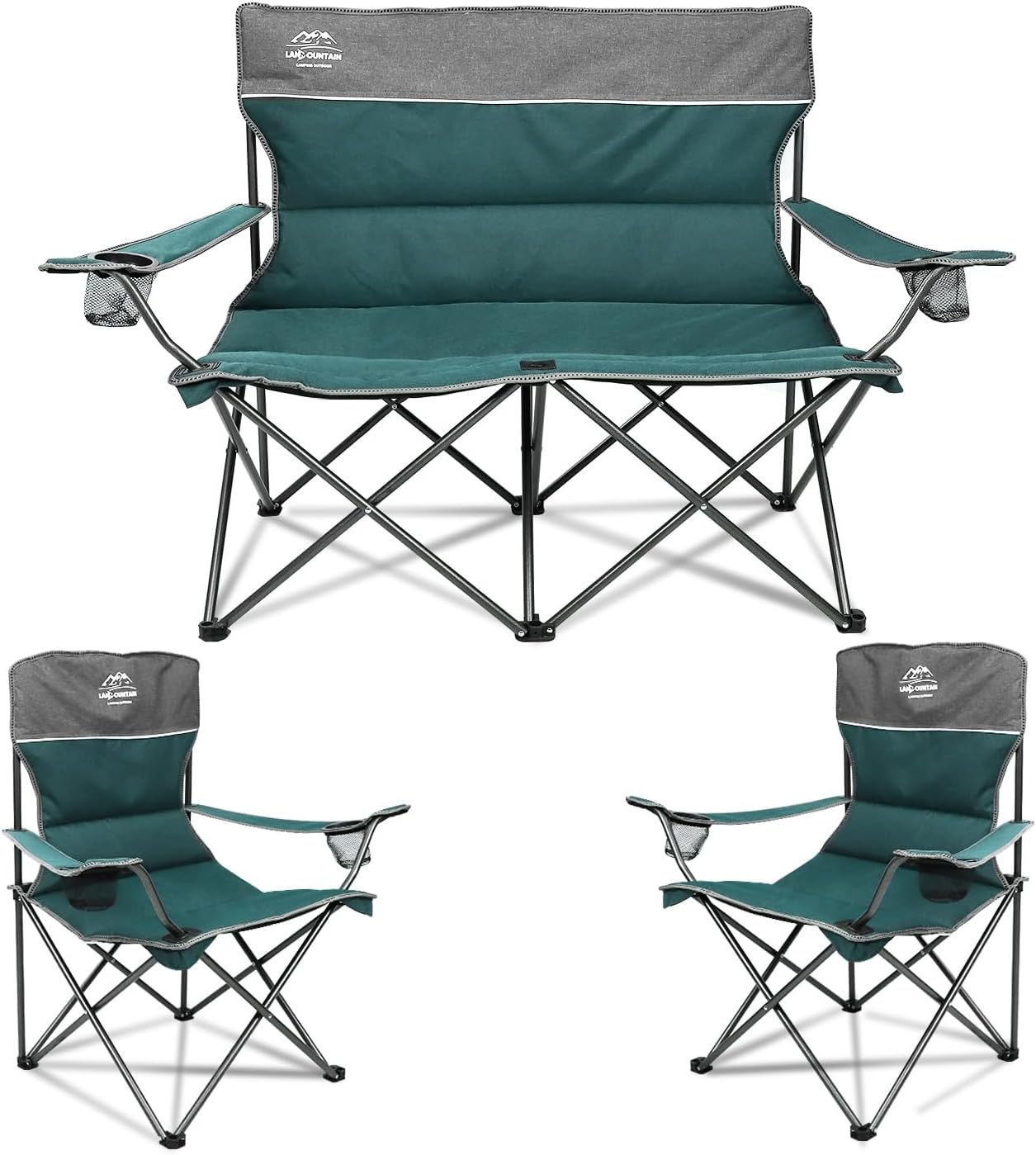 Oversized 4 Pcs Camping Chair Set with Table,Outdoor Folding Heavy Duty Lawn Chair,Cup Holder,Portable,Loveseat Chair Perfect for Family Hiking,Picnics and Beach Trips,Bistro Green
