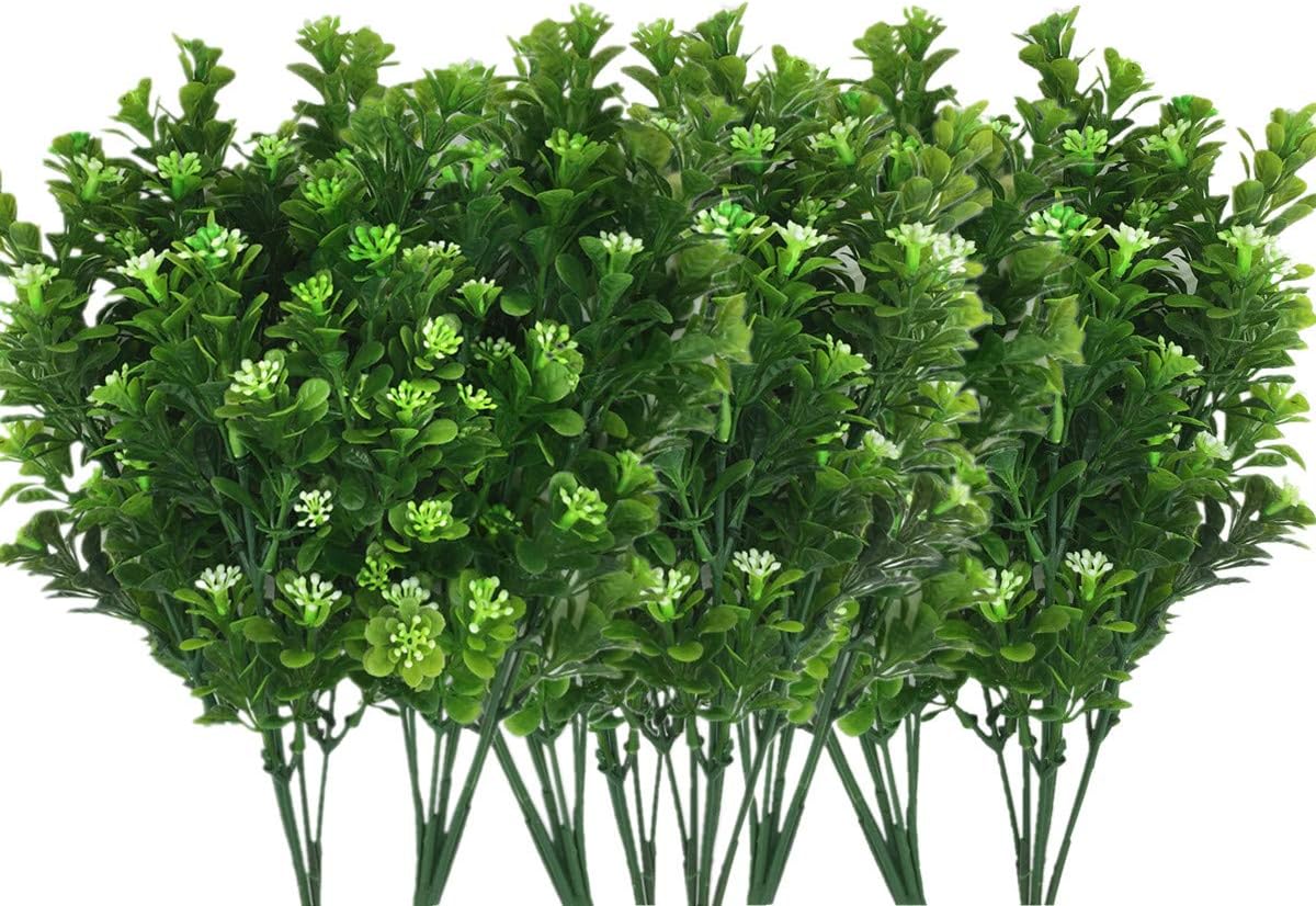 CATTREE Artificial Shrubs Bushes, Plastic Wheat Grass Green Leaves Fake Plants for Indoor Outdoor Home Garden Verandah Kitchen Office Wedding Arrangements Christmas Decoration 8 Pack
