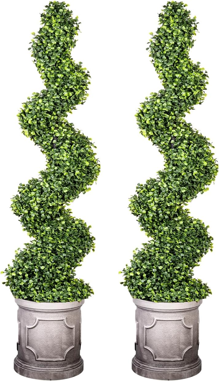 4FT Artificial Spiral Boxwood Topiary Trees with Antique-White Roman-Style Planter - Outdoor&Indoor Year-Round Garden, Porch, Entryway Decor (2 Pack)