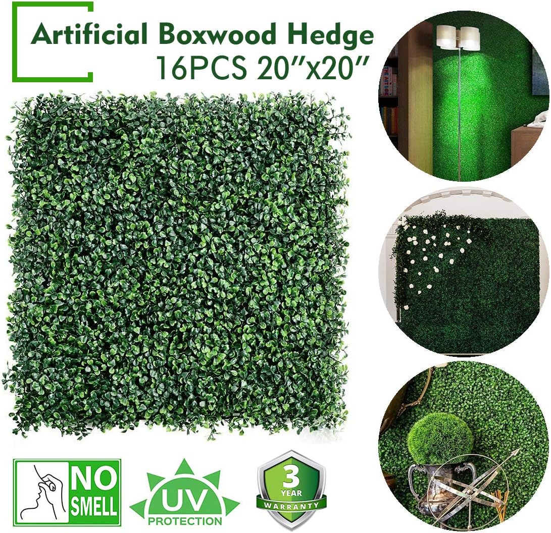 16PCS 20"x20" Artificial Boxwood Panels Topiary Hedge Plant UV Protected Faux Grass Wall Greenery Mats for Outdoor Garden Fence Backyard and Indoor Home Wedding Decoration, Dark Green