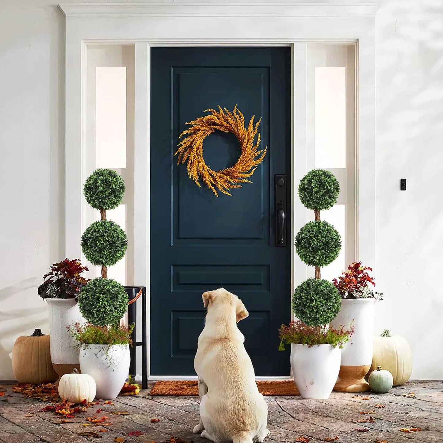 Damomo Artificial Topiaries Ball Trees Outdoor, 3.6ft Faux Boxwood Plants Topiary Triple Ball Tree(2 PCS), Fake Shrubs Trees Potted Decorative Indoor Porch or Garden(43inch)