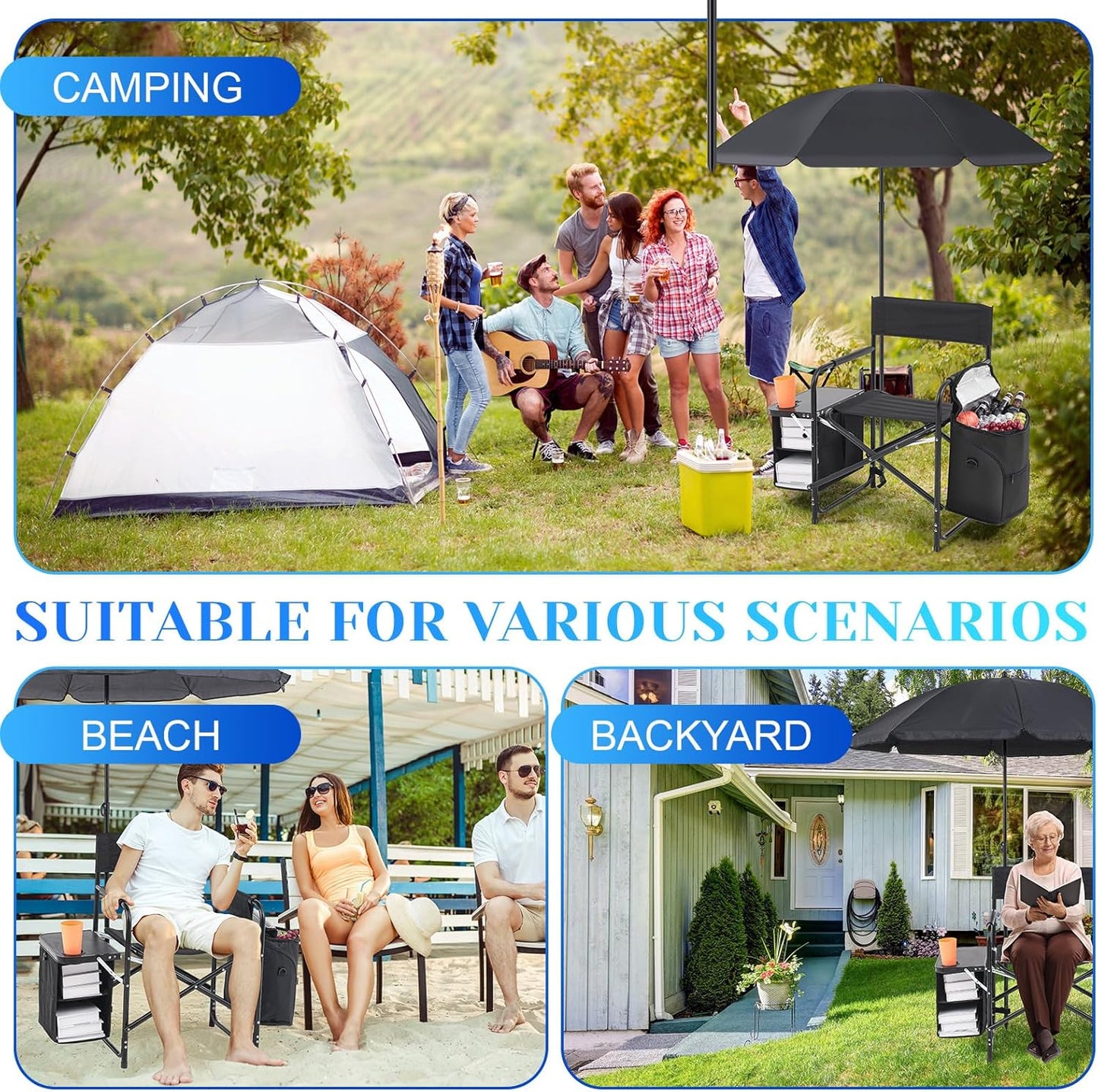 Karenhi Folding Camping Chair with Side Table, Cooler Pouch and Detachable Parasol Umbrella Portable Foldable Beach Directors Chair for Adults Outdoor Camp Lawn Picnic Fishing Beach BBQ Travel