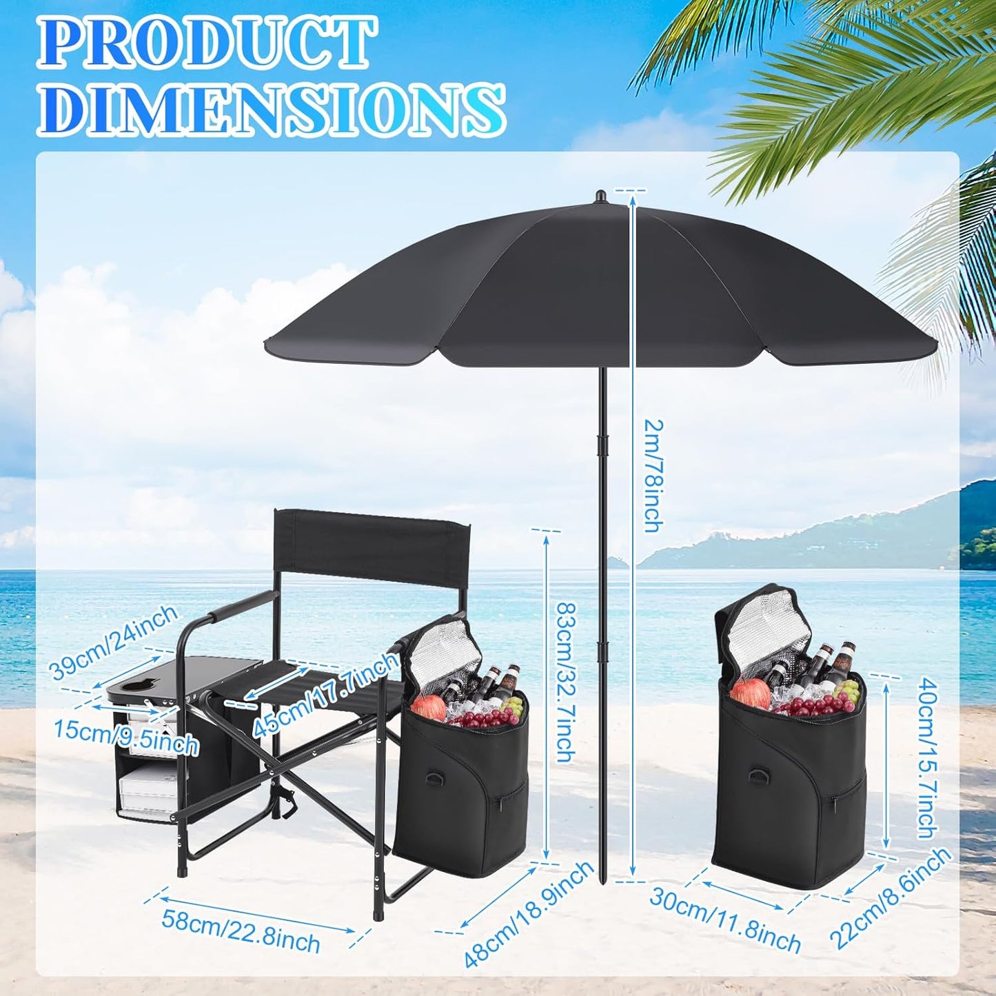 Karenhi Folding Camping Chair with Side Table, Cooler Pouch and Detachable Parasol Umbrella Portable Foldable Beach Directors Chair for Adults Outdoor Camp Lawn Picnic Fishing Beach BBQ Travel