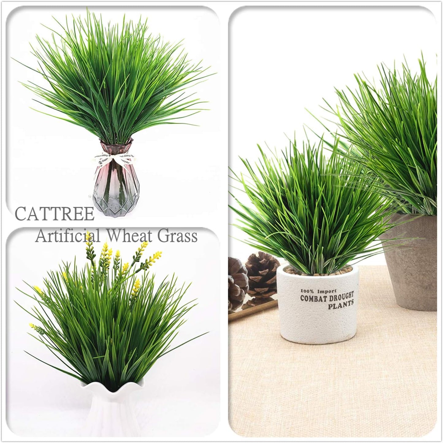 CATTREE Artificial Shrubs Bushes, Plastic Wheat Grass Green Leaves Fake Plants for Indoor Outdoor Home Garden Verandah Kitchen Office Wedding Arrangements Christmas Decoration 8 Pack