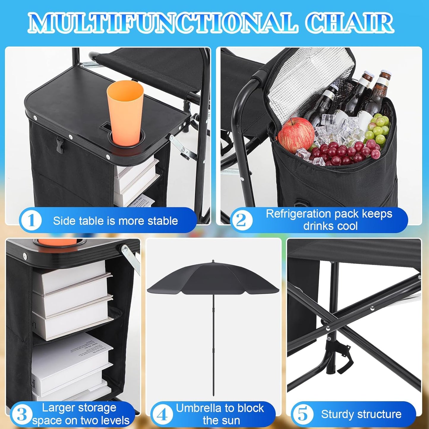 Karenhi Folding Camping Chair with Side Table, Cooler Pouch and Detachable Parasol Umbrella Portable Foldable Beach Directors Chair for Adults Outdoor Camp Lawn Picnic Fishing Beach BBQ Travel