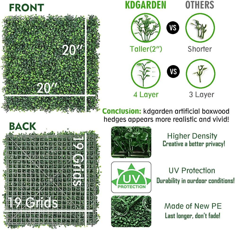 16PCS 20"x20" Artificial Boxwood Panels Topiary Hedge Plant UV Protected Faux Grass Wall Greenery Mats for Outdoor Garden Fence Backyard and Indoor Home Wedding Decoration, Dark Green