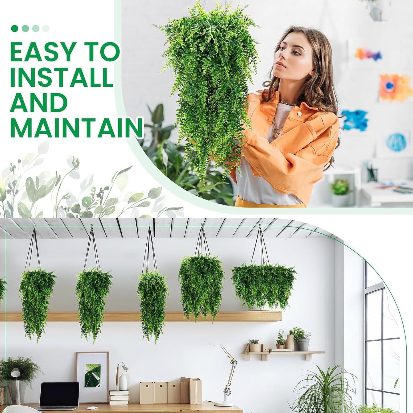 Geosar 80 Pcs Artificial Hanging Plants 32 Inch Hanging Boston Ferns Plastic Fake Plants for Wall Room Garden Wedding Garland Indoor Outdoor Decoration, No Basket