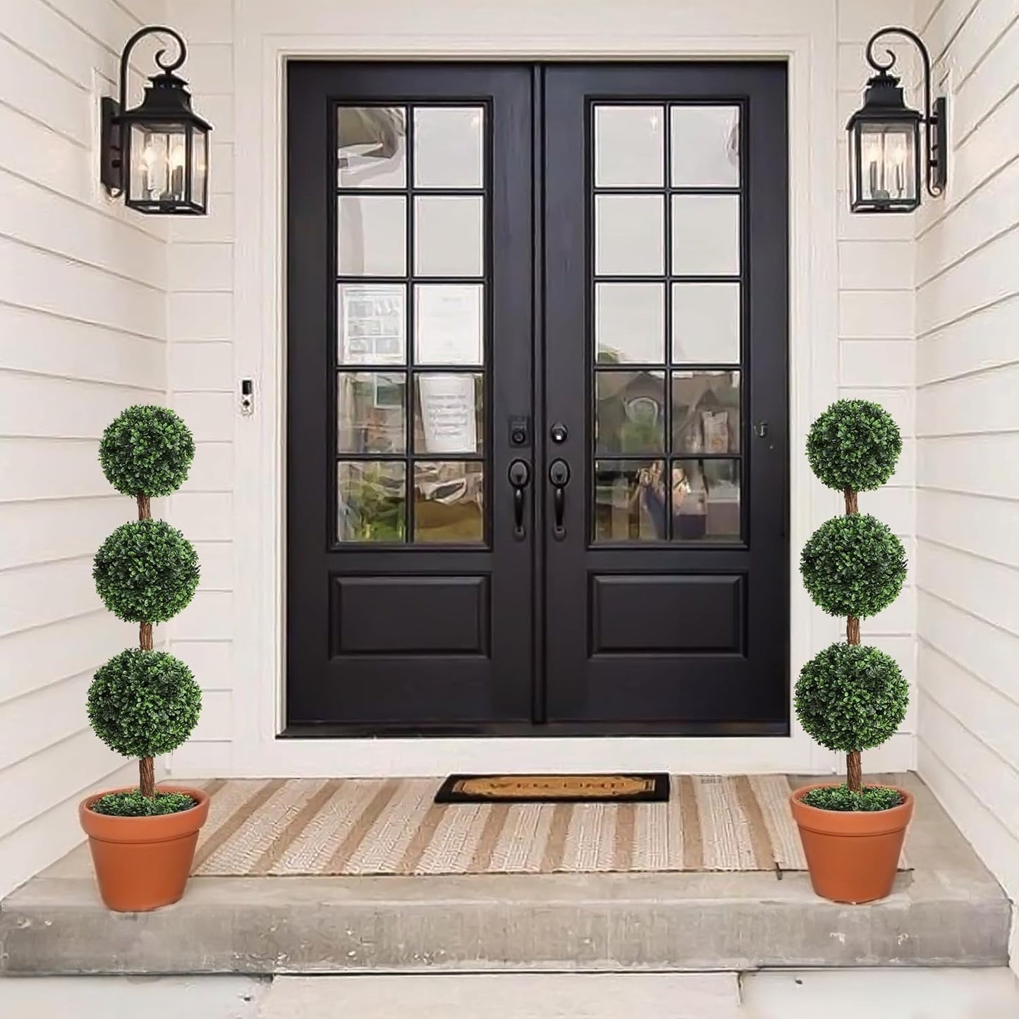Damomo Artificial Topiaries Ball Trees Outdoor, 3.6ft Faux Boxwood Plants Topiary Triple Ball Tree(2 PCS), Fake Shrubs Trees Potted Decorative Indoor Porch or Garden(43inch)