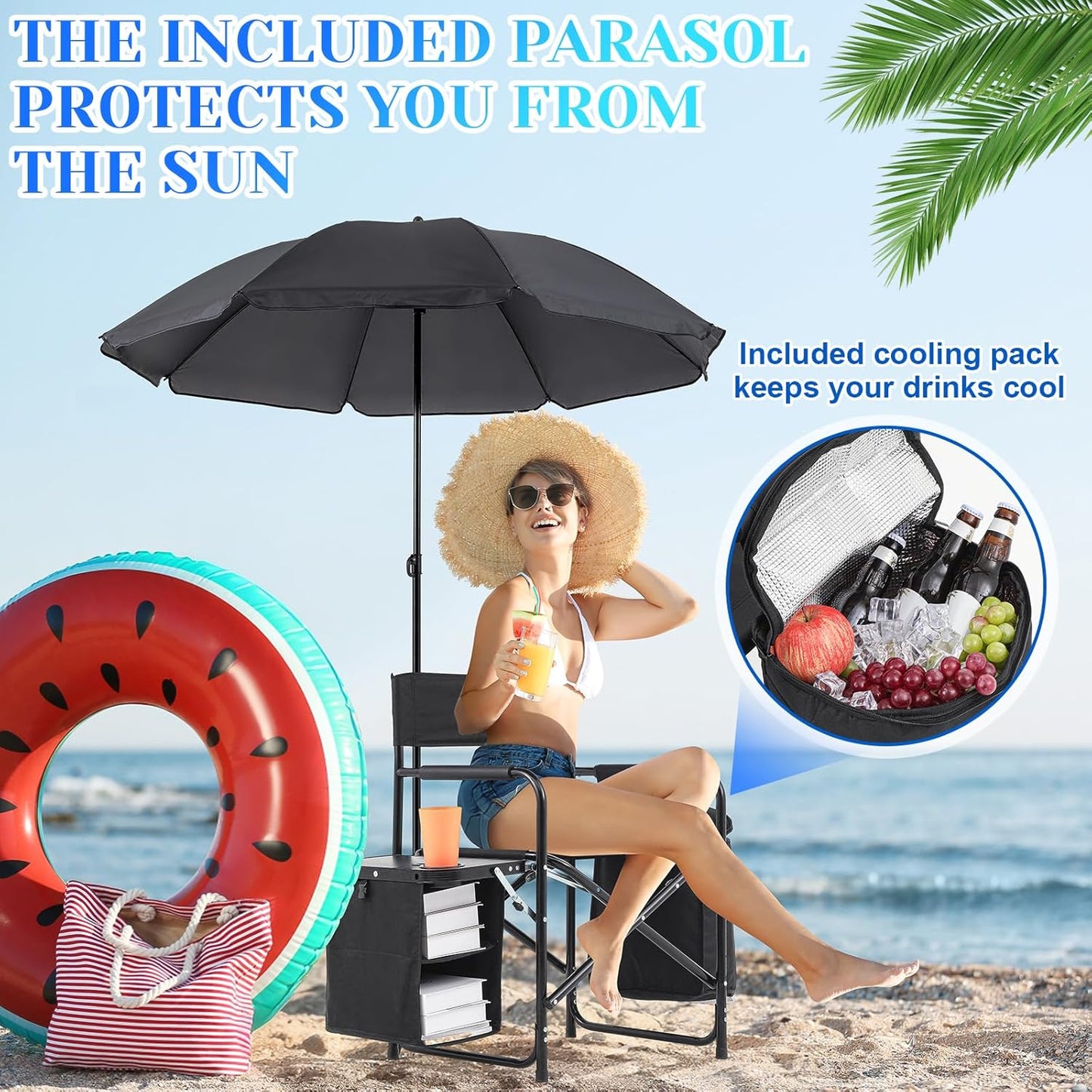 Karenhi Folding Camping Chair with Side Table, Cooler Pouch and Detachable Parasol Umbrella Portable Foldable Beach Directors Chair for Adults Outdoor Camp Lawn Picnic Fishing Beach BBQ Travel