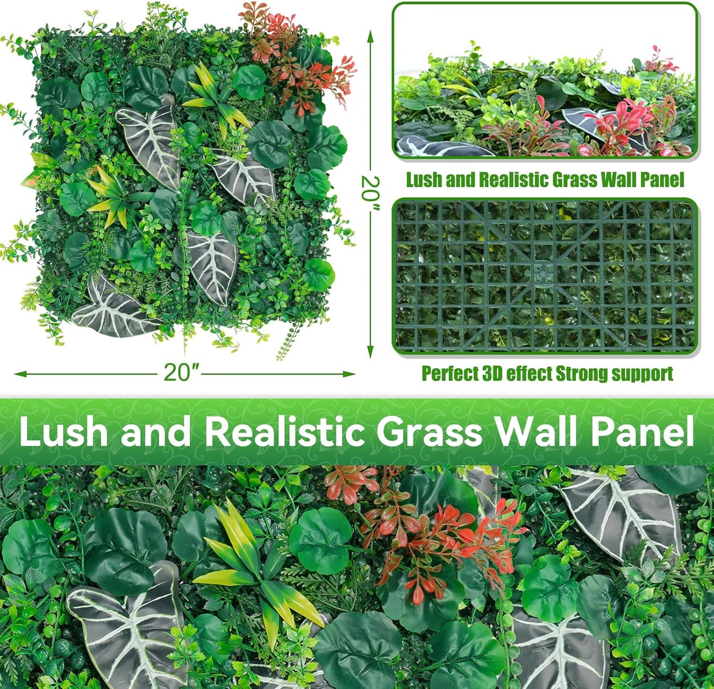 20"x20" Artificial Grass Wall Panels, 12Pack UV Protection Greenery Plant Backdrop, Faux Boxwood Green Wall Decor for Party Patio Garden Backyard