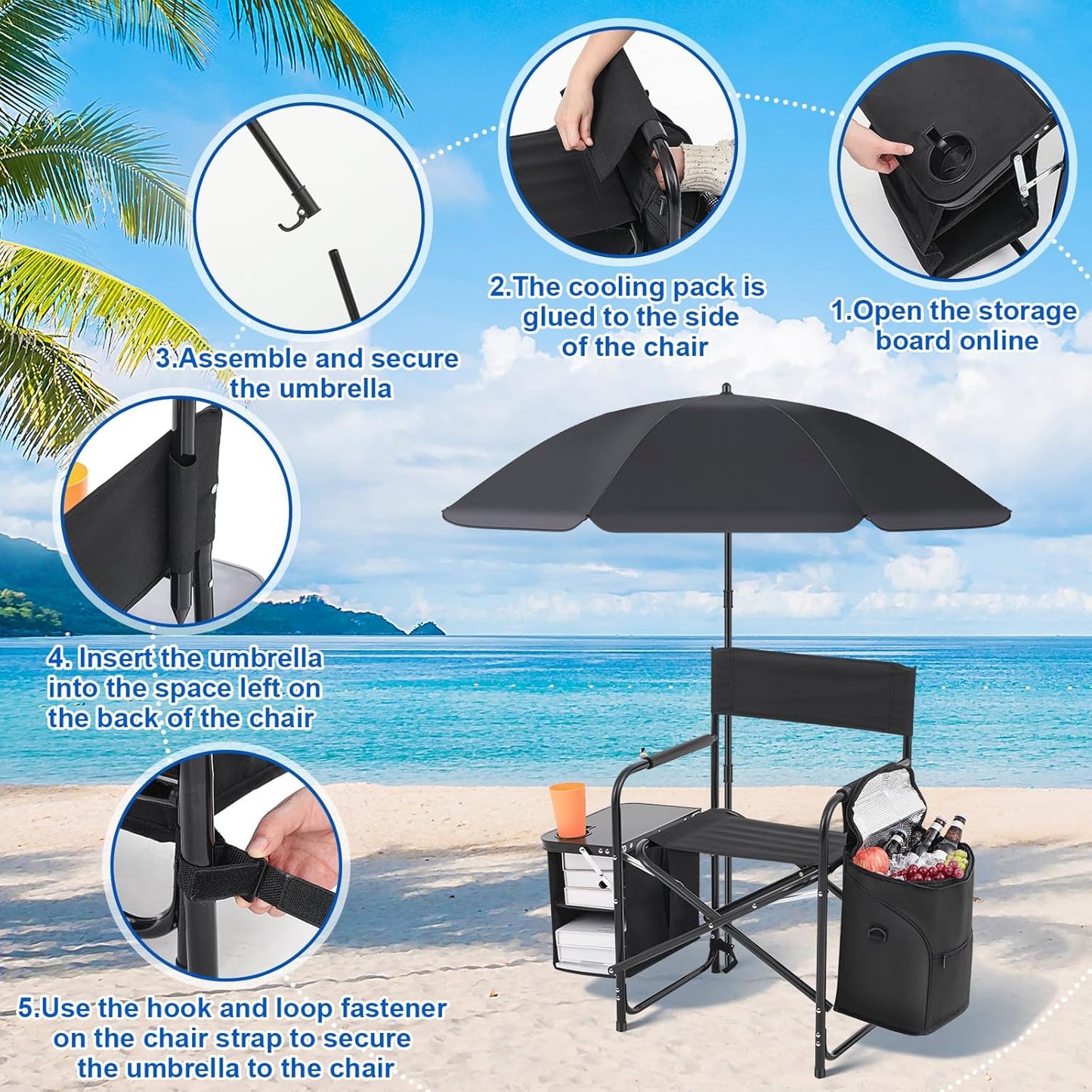 Karenhi Folding Camping Chair with Side Table, Cooler Pouch and Detachable Parasol Umbrella Portable Foldable Beach Directors Chair for Adults Outdoor Camp Lawn Picnic Fishing Beach BBQ Travel