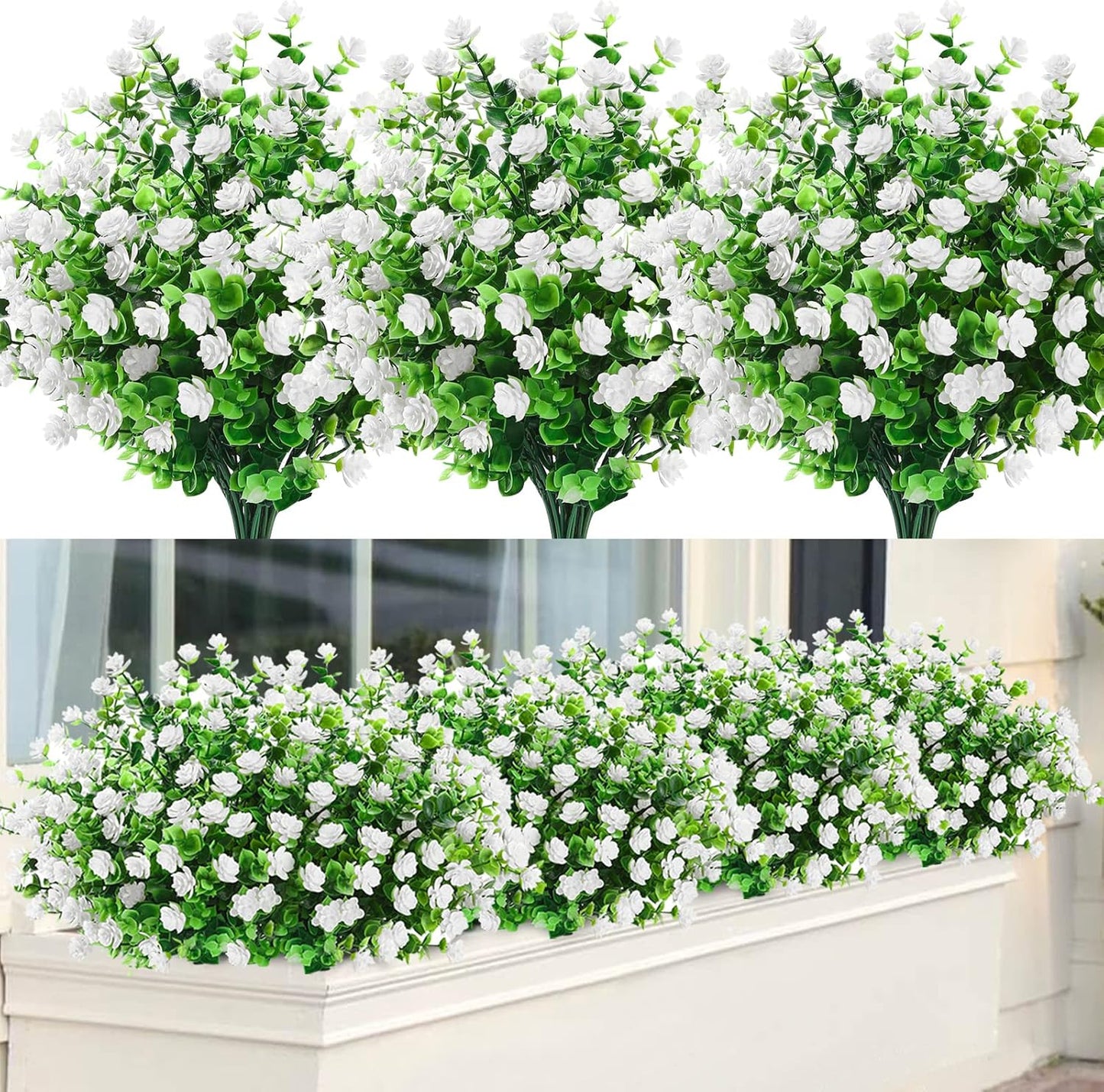 GREENRAIN Artificial Flowers Outdoor Fake Flowers for Decoration UV Resistant No Fade Faux Plastic Plants Garden Porch Window Box Décor (8 Bundles, 1#Green)