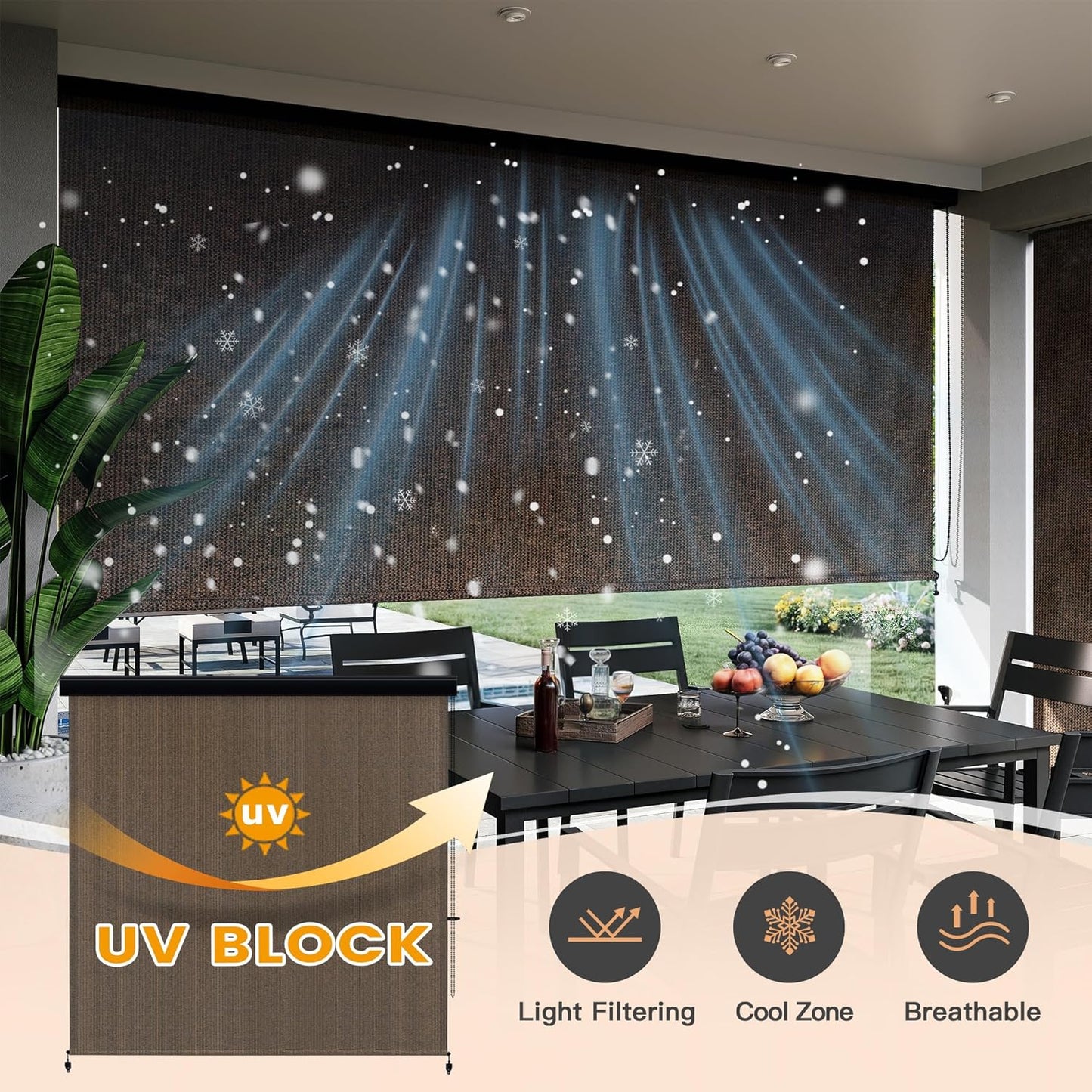 VICLLAX Premium Outdoor Roller Shade, 95% Patio Roll up Blinds with Weather Resistant Valance 7x8FT,Mocha