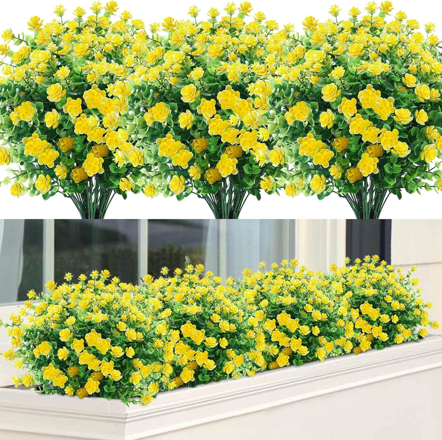 GREENRAIN Artificial Flowers Outdoor Fake Flowers for Decoration UV Resistant No Fade Faux Plastic Plants Garden Porch Window Box Décor (8 Bundles, 1#Green)