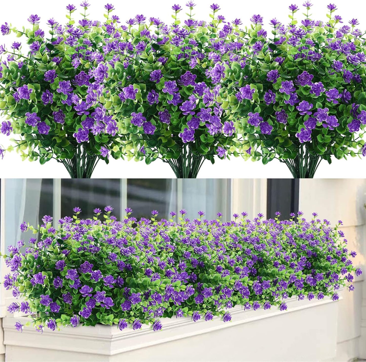 GREENRAIN Artificial Flowers Outdoor Fake Flowers for Decoration UV Resistant No Fade Faux Plastic Plants Garden Porch Window Box Décor (8 Bundles, 1#Green)