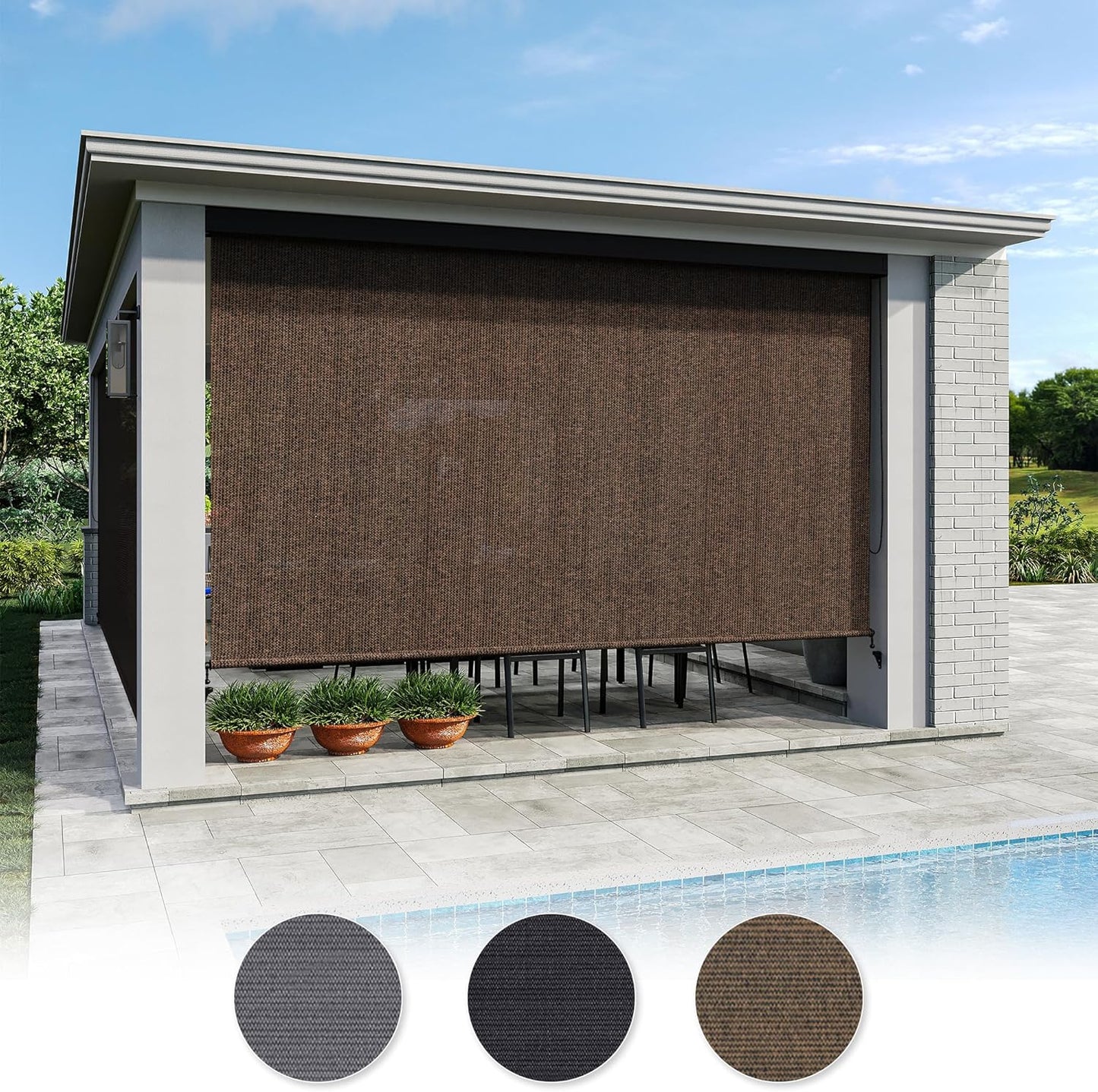 VICLLAX Premium Outdoor Roller Shade, 95% Patio Roll up Blinds with Weather Resistant Valance 7x8FT,Mocha