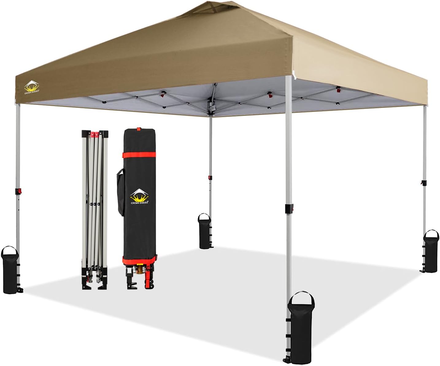 CROWN SHADES 10x10 Pop Up Canopy - Beach Tent with One Push Setup - Easy Outdoor Sun Shade for Events, Parties, Camping - Gazebo with STO-N-Go Cover Bag, Silver Coated Top, Grid White