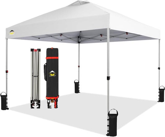 CROWN SHADES 10x10 Pop Up Canopy - Beach Tent with One Push Setup - Easy Outdoor Sun Shade for Events, Parties, Camping - Gazebo with STO-N-Go Cover Bag, Silver Coated Top, Grid White