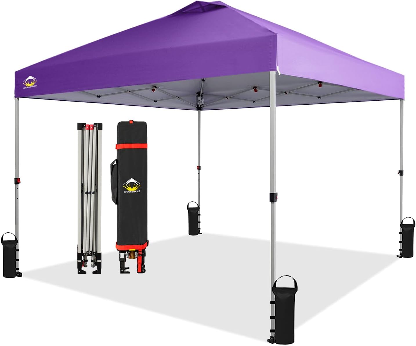 CROWN SHADES 10x10 Pop Up Canopy - Beach Tent with One Push Setup - Easy Outdoor Sun Shade for Events, Parties, Camping - Gazebo with STO-N-Go Cover Bag, Silver Coated Top, Grid White