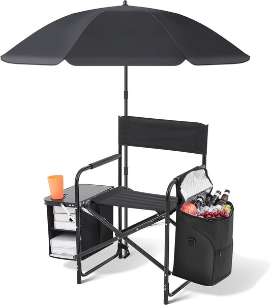 Karenhi Folding Camping Chair with Side Table, Cooler Pouch and Detachable Parasol Umbrella Portable Foldable Beach Directors Chair for Adults Outdoor Camp Lawn Picnic Fishing Beach BBQ Travel