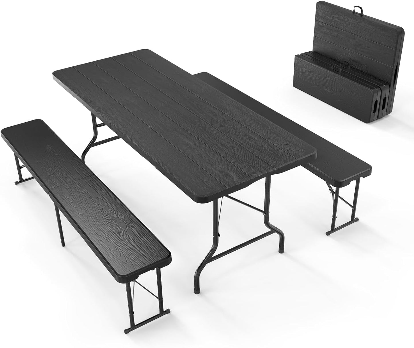 VINGLI Picnic Table Set with 2 Benches, 6 Feet Camping Table Chair Set,3-Piece Folding Furniture for Indoor or Outdoor Use, Smooth Tabletop, White