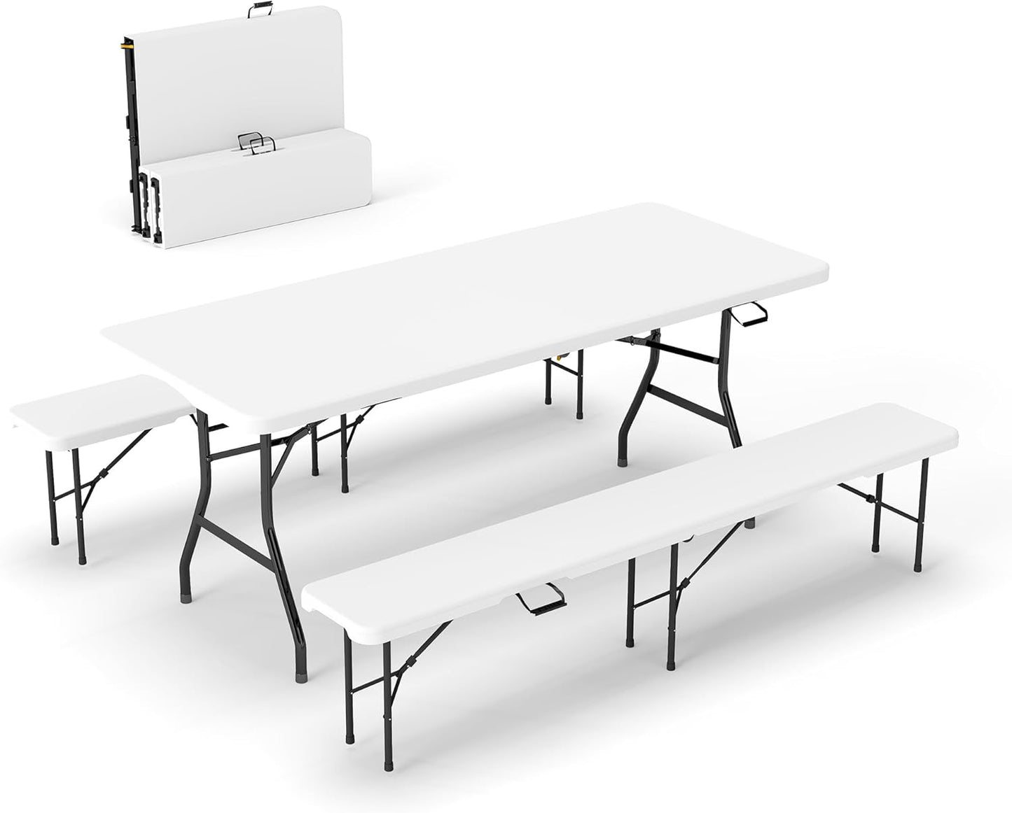 Real Relax 6' Picnic Table with 2 Benches, 3 Piece Black Wood Grain Portable HDPE Folding Camping Table and Benches for Courtyard, Garden, Outdoor Leisure, Party