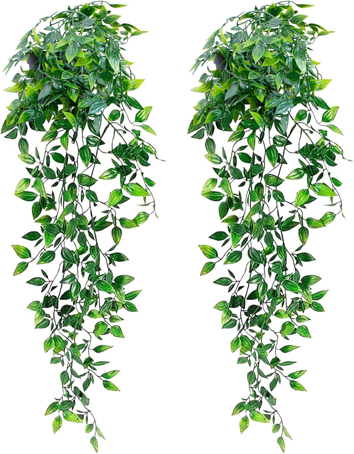 LOYWREE 2Pcs Fake Plants Indoor Artificial String of Pearls Plant in Black Pots, Realistic Green Faux Succulent Hanging Plants for Shelf Decor Desk Home Garden Decorations