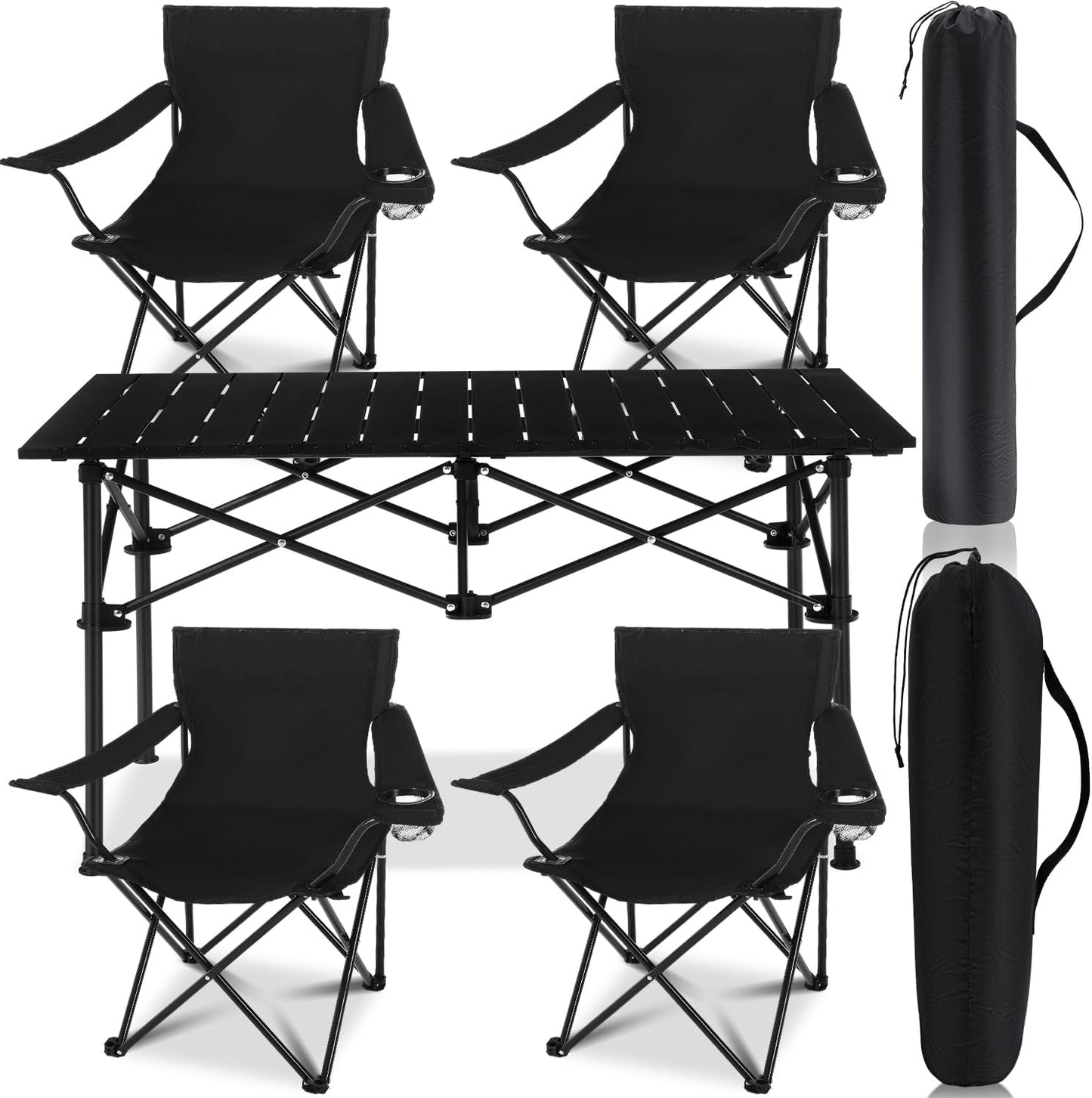 5 Pcs Summer Portable Camping Chair and Folding Camping Table Set Outdoor Oxford Fabric Folding Chair Lawn Portable Camp Table with Cup Holder Carry Bag for Travel Fishing Sport(Black)