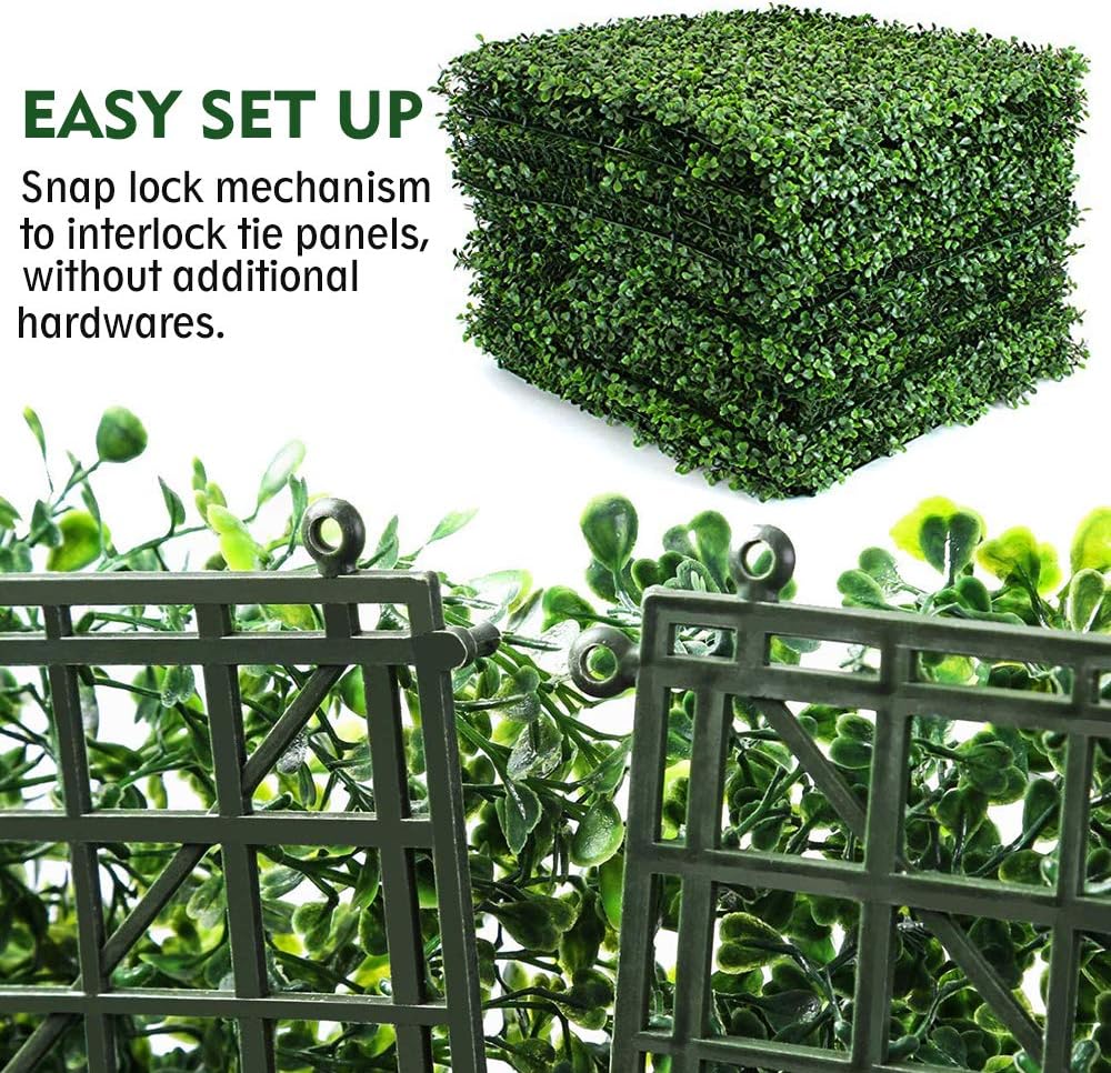 16PCS 20"x20" Artificial Boxwood Panels Topiary Hedge Plant UV Protected Faux Grass Wall Greenery Mats for Outdoor Garden Fence Backyard and Indoor Home Wedding Decoration, Dark Green