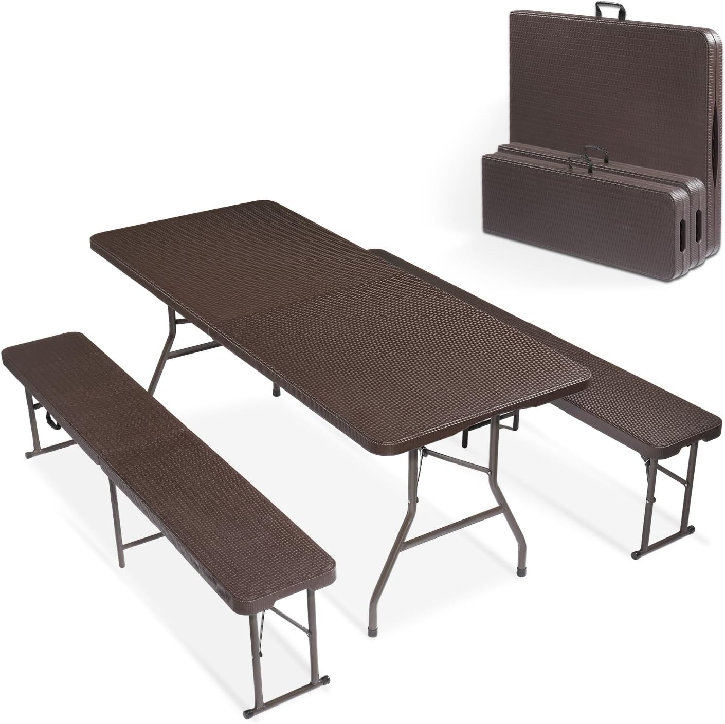 VINGLI Picnic Table Set with 2 Benches, 6 Feet Camping Table Chair Set,3-Piece Folding Furniture for Indoor or Outdoor Use, Smooth Tabletop, White