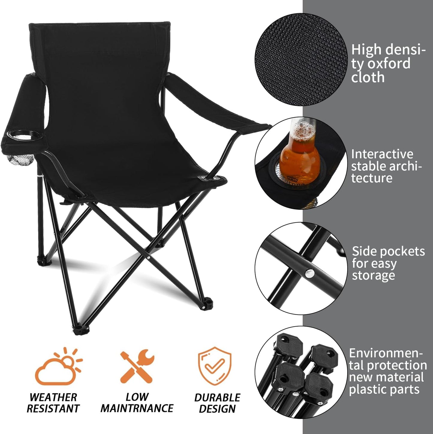 5 Pcs Summer Portable Camping Chair and Folding Camping Table Set Outdoor Oxford Fabric Folding Chair Lawn Portable Camp Table with Cup Holder Carry Bag for Travel Fishing Sport(Black)