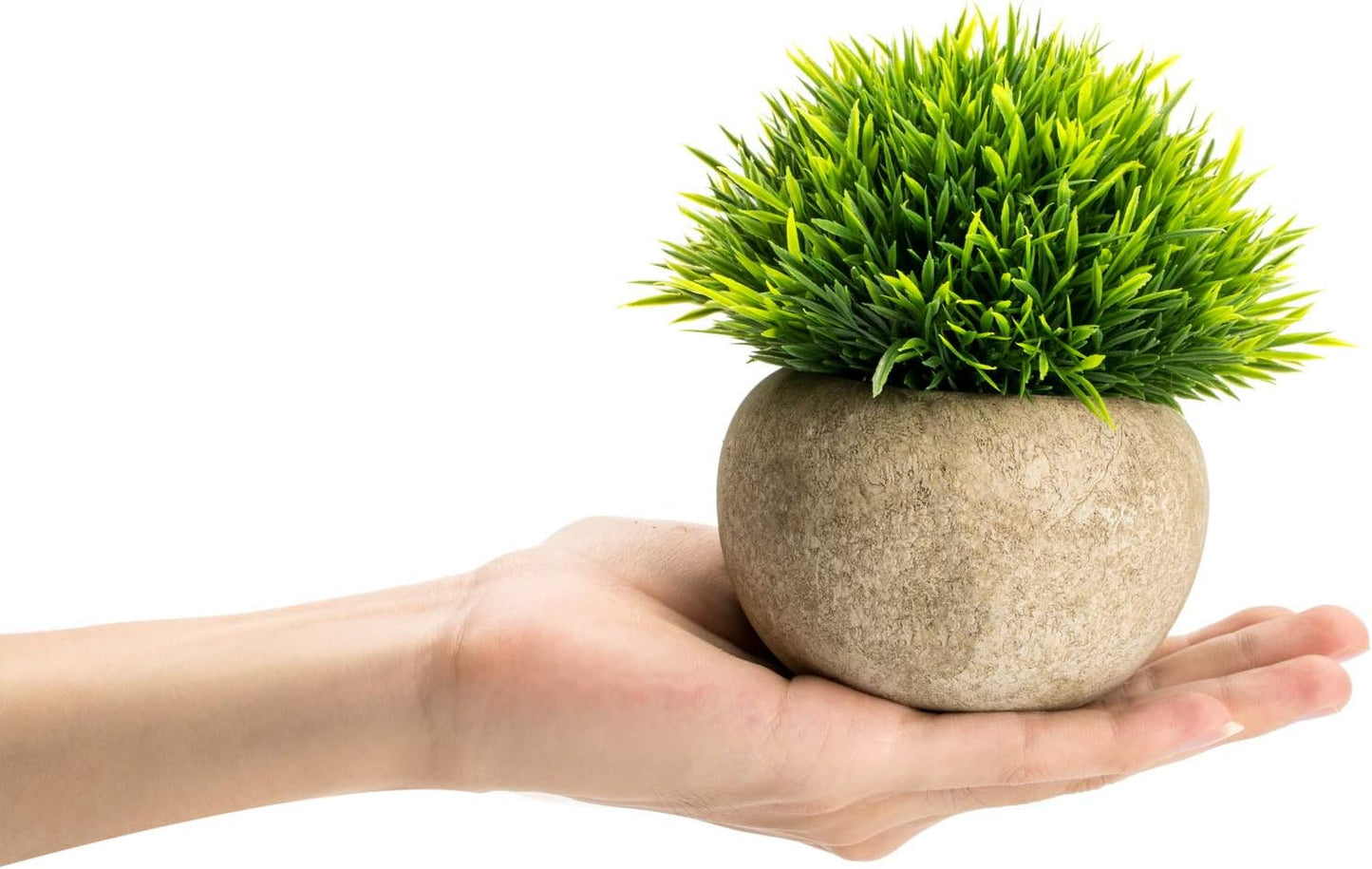 Velener Mini Plastic Fake Green Grass Plant with Pot, Topiary Ball, Small Fake Plant, Round Paper-Mache Pot for Indoor Office, Kitchen, Bathroom and Living Room Decor
