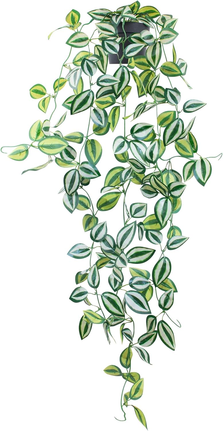 LOYWREE 2Pcs Fake Plants Indoor Artificial String of Pearls Plant in Black Pots, Realistic Green Faux Succulent Hanging Plants for Shelf Decor Desk Home Garden Decorations