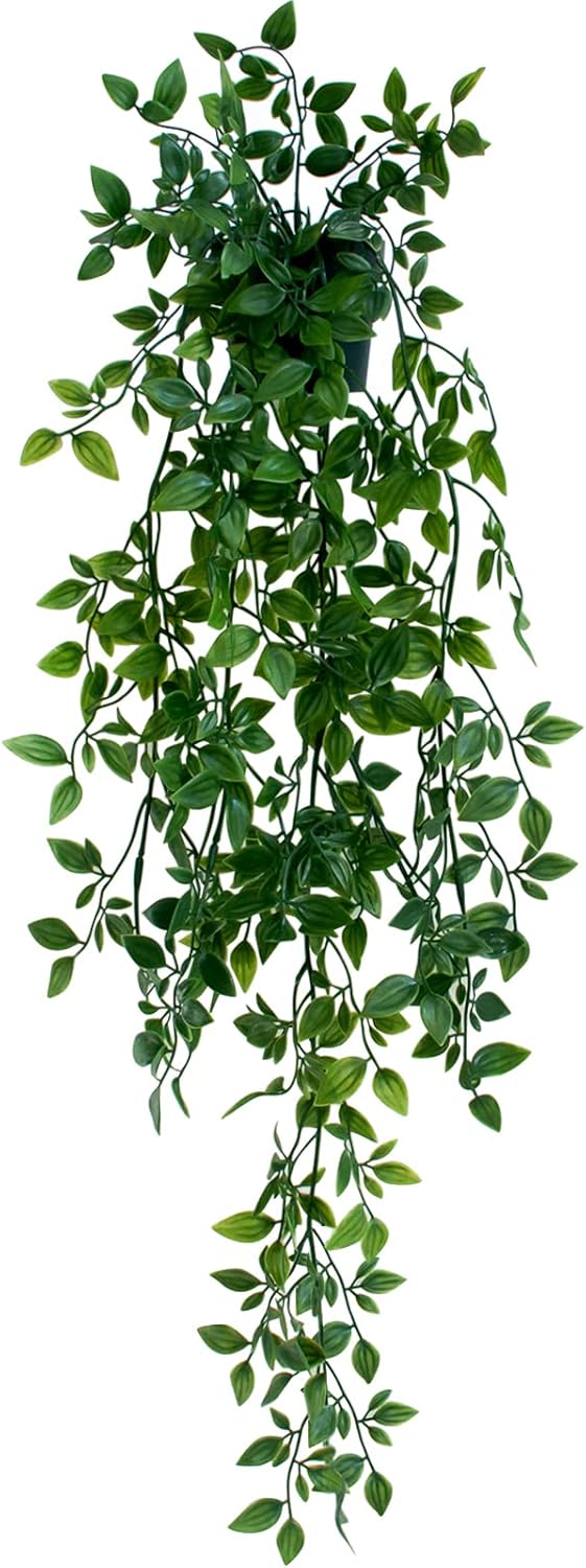 LOYWREE 2Pcs Fake Plants Indoor Artificial String of Pearls Plant in Black Pots, Realistic Green Faux Succulent Hanging Plants for Shelf Decor Desk Home Garden Decorations