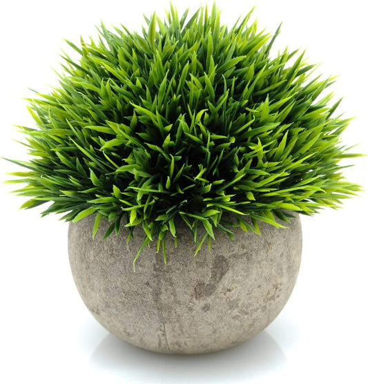 Velener Mini Plastic Fake Green Grass Plant with Pot, Topiary Ball, Small Fake Plant, Round Paper-Mache Pot for Indoor Office, Kitchen, Bathroom and Living Room Decor
