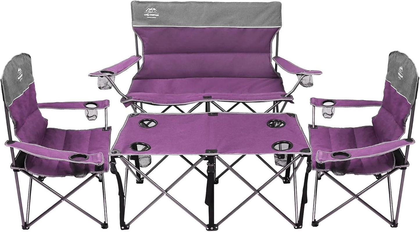 Oversized 4 Pcs Camping Chair Set with Table,Outdoor Folding Heavy Duty Lawn Chair,Cup Holder,Portable,Loveseat Chair Perfect for Family Hiking,Picnics and Beach Trips,Bistro Green