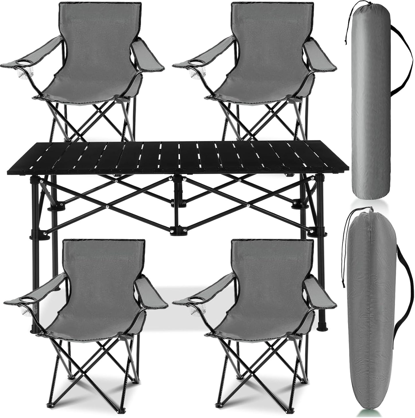 5 Pcs Summer Portable Camping Chair and Folding Camping Table Set Outdoor Oxford Fabric Folding Chair Lawn Portable Camp Table with Cup Holder Carry Bag for Travel Fishing Sport(Black)