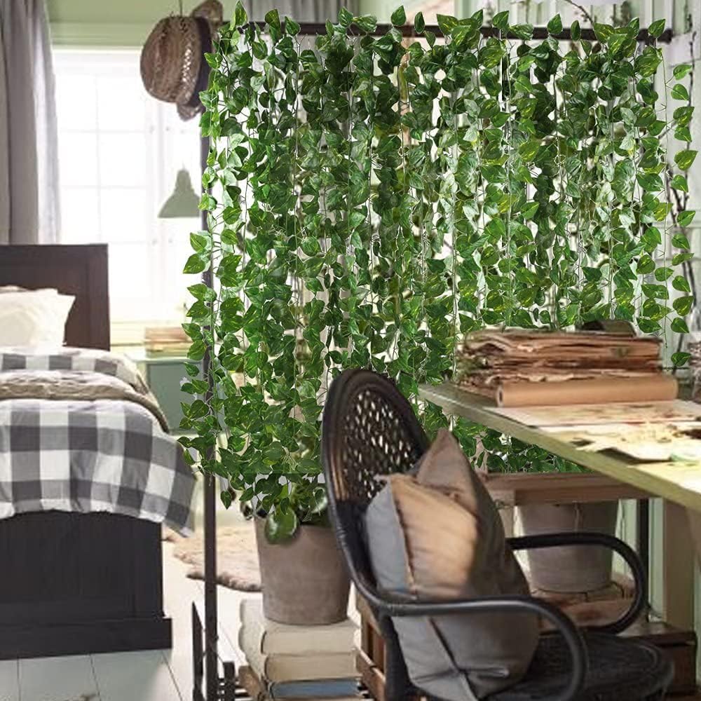 12 Pack 84 Feet Artificial Fake Hanging Vines Plant Faux Silk Green Leaf Garlands Home Office Garden Outdoor Wall Greenery Cover Jungle Party Decoration