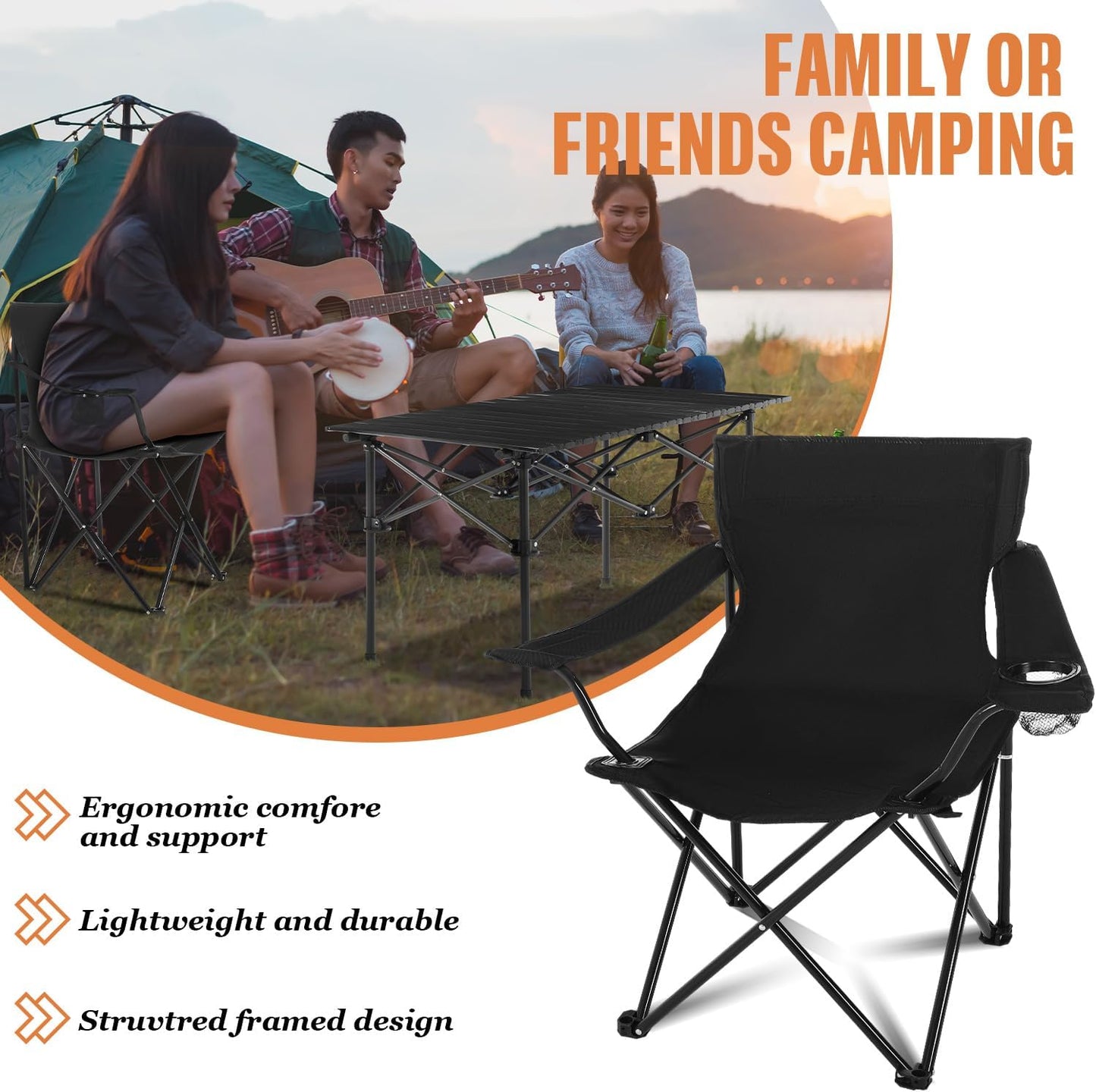 5 Pcs Summer Portable Camping Chair and Folding Camping Table Set Outdoor Oxford Fabric Folding Chair Lawn Portable Camp Table with Cup Holder Carry Bag for Travel Fishing Sport(Black)