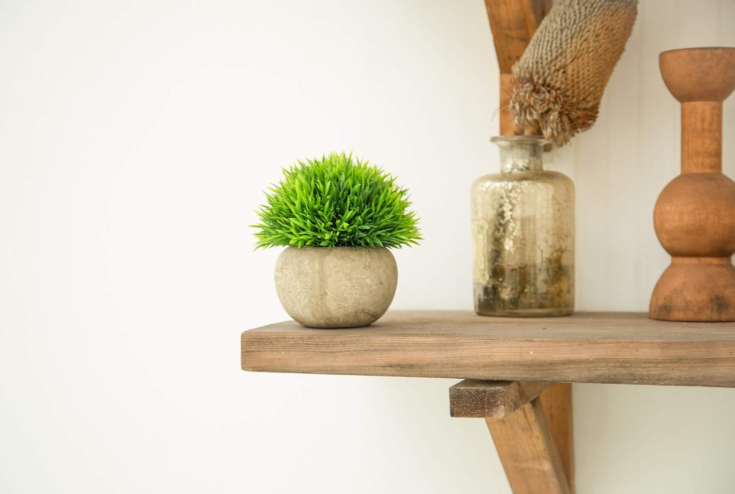 Velener Mini Plastic Fake Green Grass Plant with Pot, Topiary Ball, Small Fake Plant, Round Paper-Mache Pot for Indoor Office, Kitchen, Bathroom and Living Room Decor
