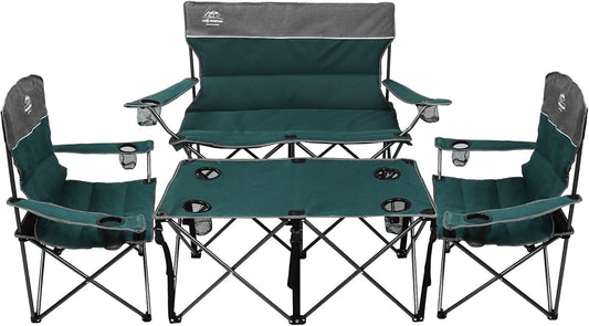 Oversized 4 Pcs Camping Chair Set with Table,Outdoor Folding Heavy Duty Lawn Chair,Cup Holder,Portable,Loveseat Chair Perfect for Family Hiking,Picnics and Beach Trips,Bistro Green