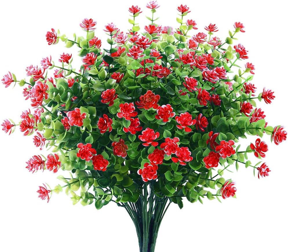 GREENRAIN Artificial Flowers Outdoor Fake Flowers for Decoration UV Resistant No Fade Faux Plastic Plants Garden Porch Window Box Décor (8 Bundles, 1#Green)