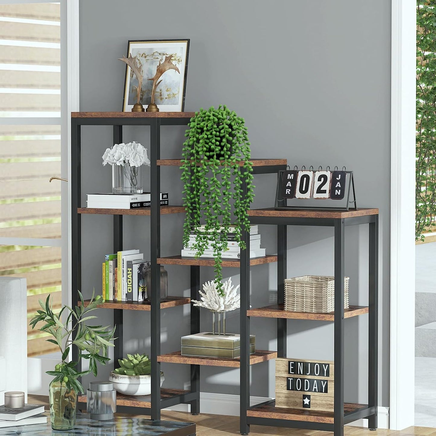 LOYWREE 2Pcs Fake Plants Indoor Artificial String of Pearls Plant in Black Pots, Realistic Green Faux Succulent Hanging Plants for Shelf Decor Desk Home Garden Decorations