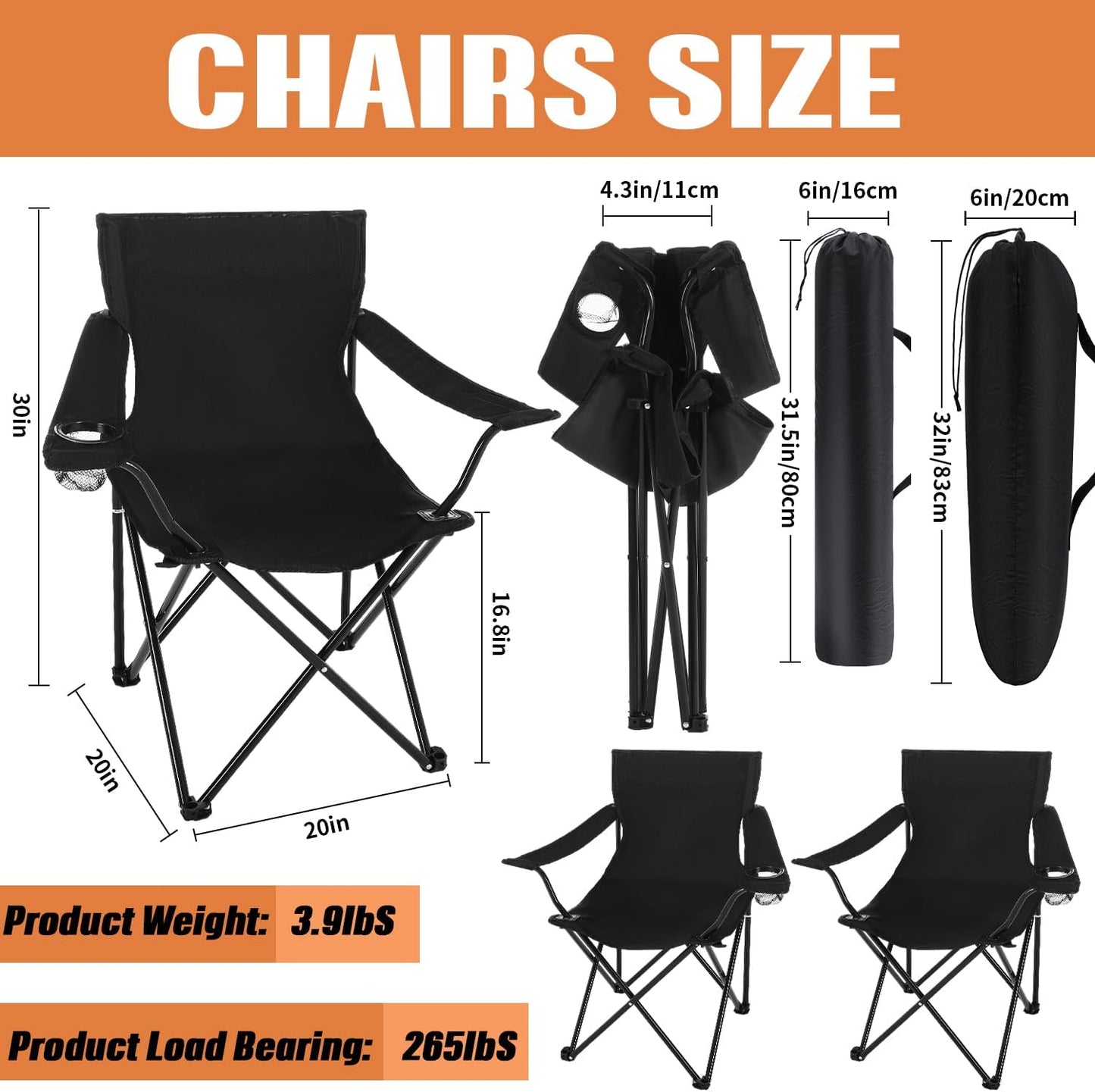 5 Pcs Summer Portable Camping Chair and Folding Camping Table Set Outdoor Oxford Fabric Folding Chair Lawn Portable Camp Table with Cup Holder Carry Bag for Travel Fishing Sport(Black)
