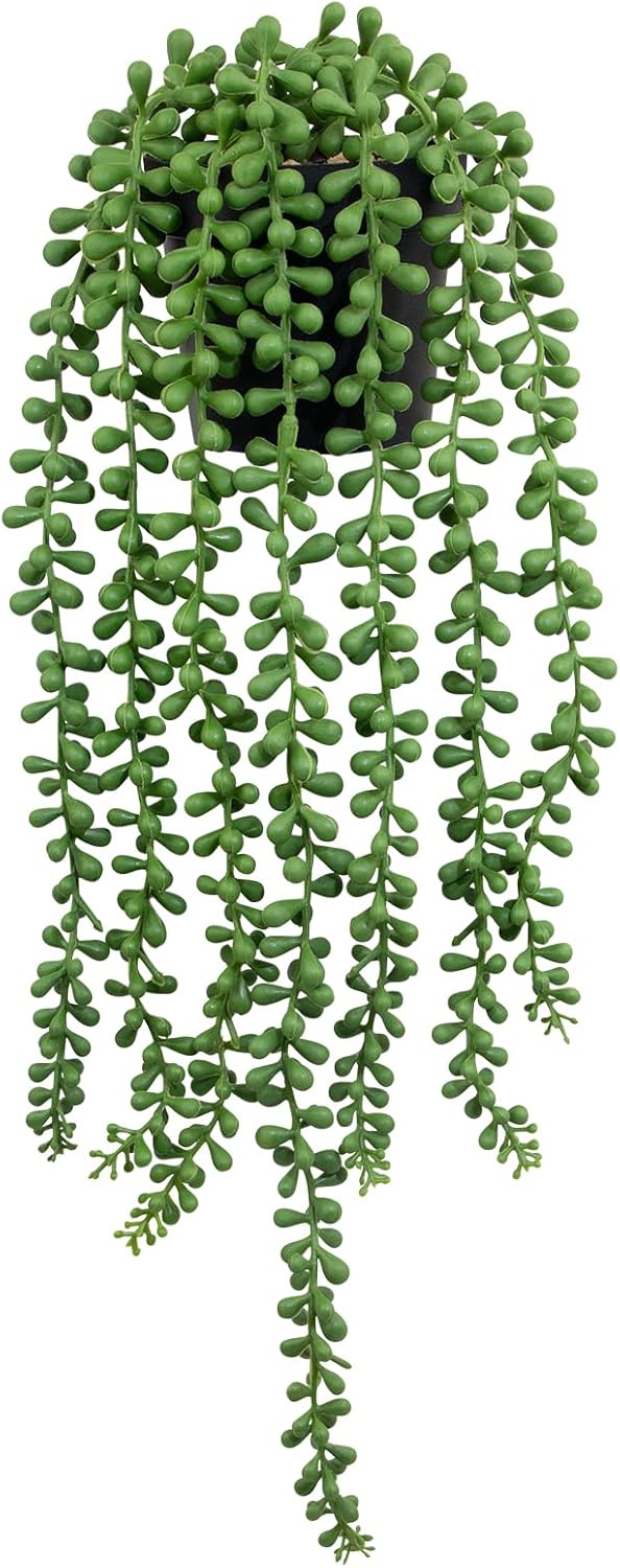 LOYWREE 2Pcs Fake Plants Indoor Artificial String of Pearls Plant in Black Pots, Realistic Green Faux Succulent Hanging Plants for Shelf Decor Desk Home Garden Decorations