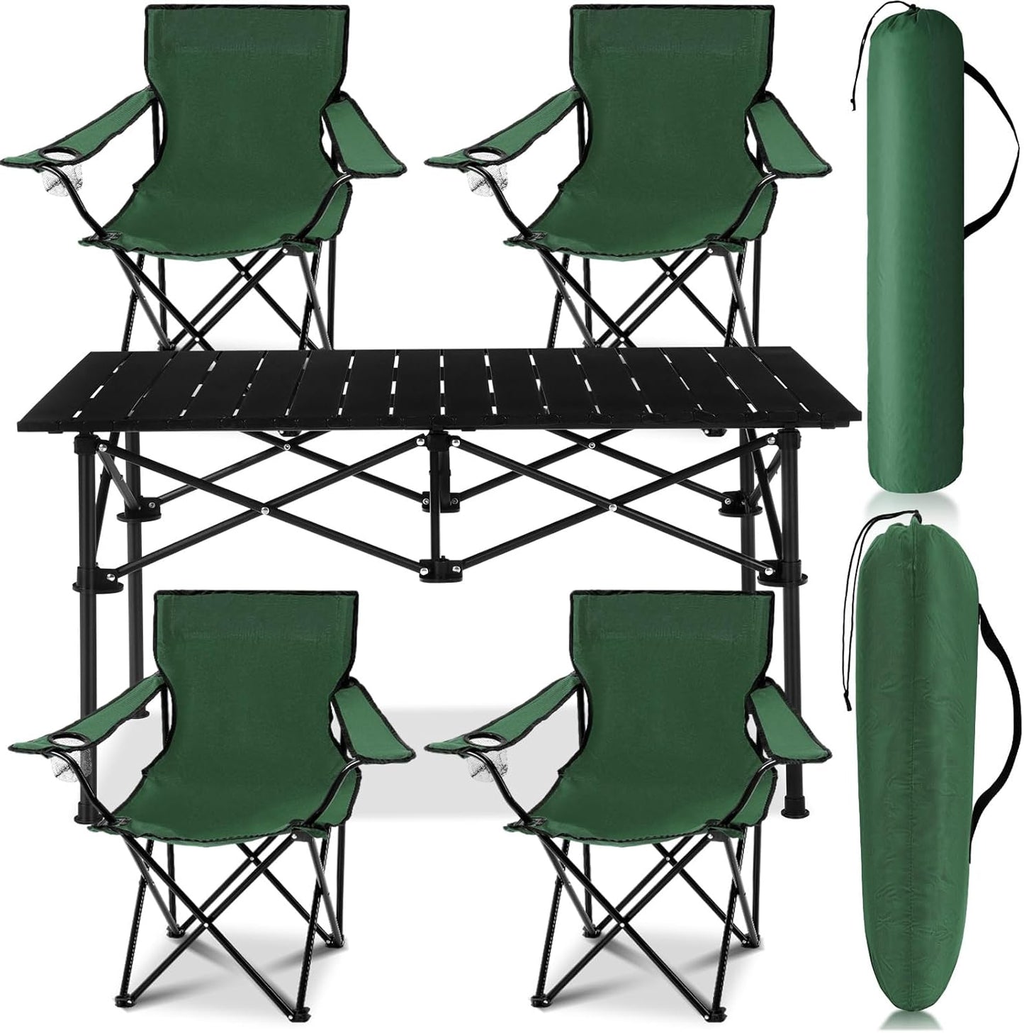 5 Pcs Summer Portable Camping Chair and Folding Camping Table Set Outdoor Oxford Fabric Folding Chair Lawn Portable Camp Table with Cup Holder Carry Bag for Travel Fishing Sport(Black)