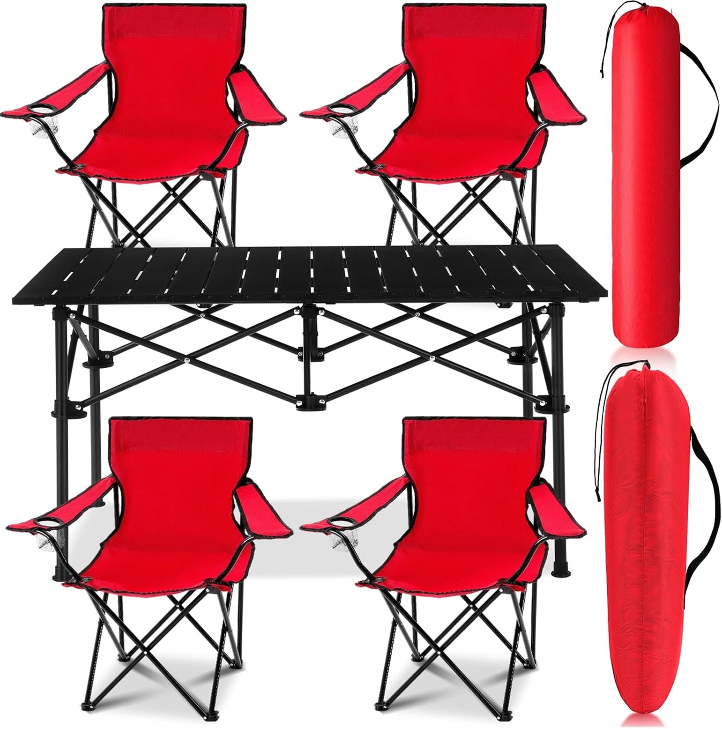 5 Pcs Summer Portable Camping Chair and Folding Camping Table Set Outdoor Oxford Fabric Folding Chair Lawn Portable Camp Table with Cup Holder Carry Bag for Travel Fishing Sport(Black)