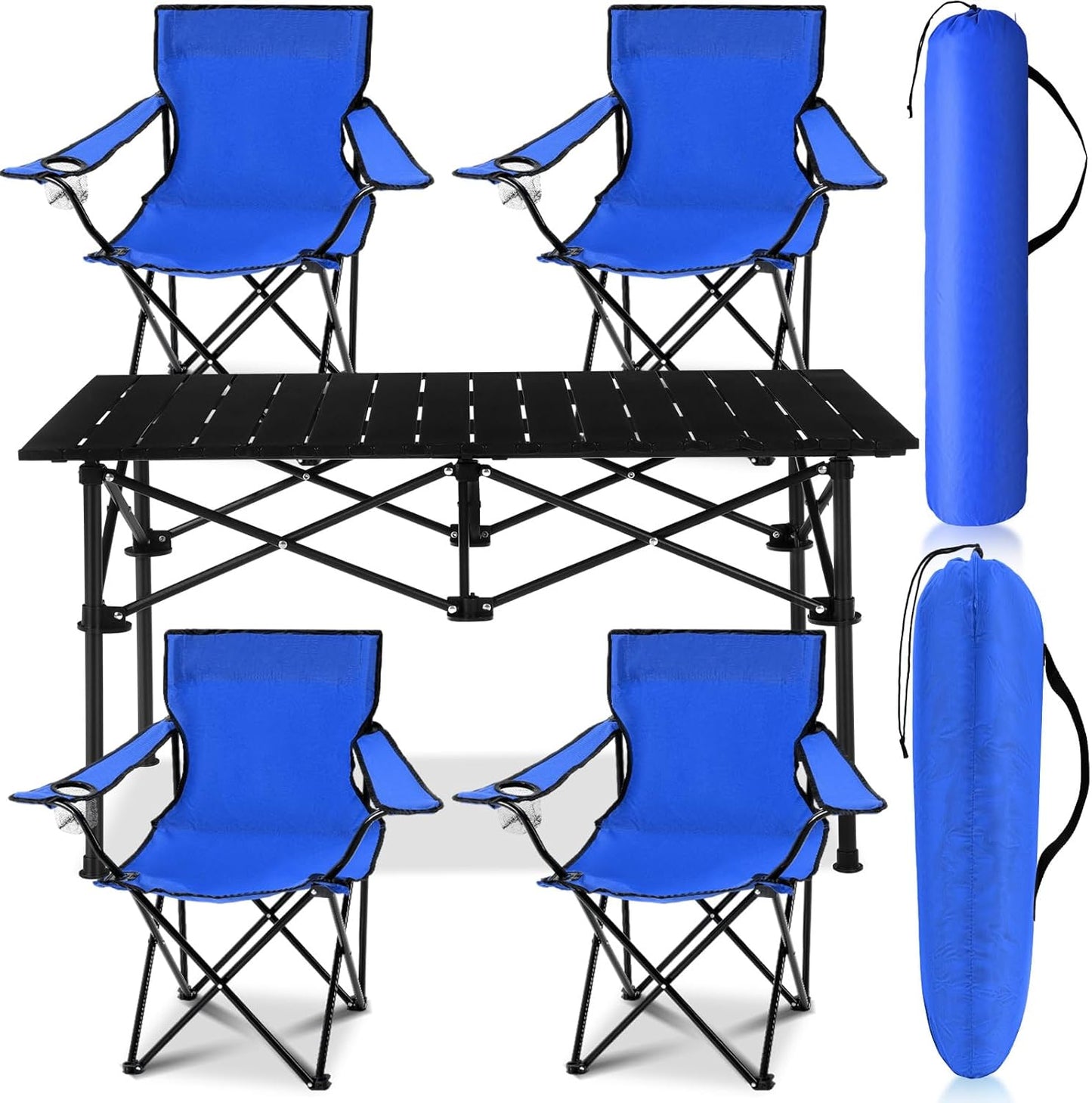 5 Pcs Summer Portable Camping Chair and Folding Camping Table Set Outdoor Oxford Fabric Folding Chair Lawn Portable Camp Table with Cup Holder Carry Bag for Travel Fishing Sport(Black)