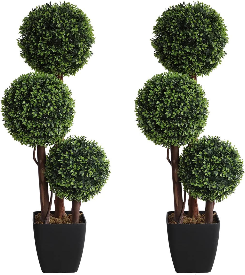 Artificial Topiaries Ball Tree Outdoor, 3ft Fake Topiary Triple Ball Boxwood Trees(2 Pieces), Faux Shrubs Plants Potted Green Decorative Indoor Porch or Garden（35inch）